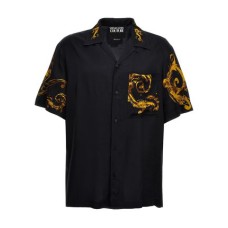 VERSACE JEANS COUTURE CAMICIA A MANICA CORTA BLACK/GOLD CON STAMPA BAROCCO E LOGO LETTERING