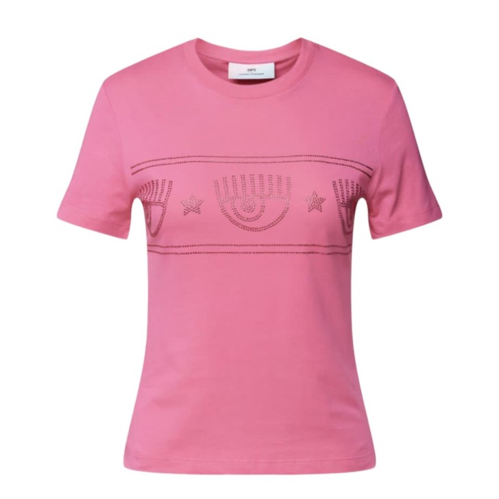 Chiara Ferragni T-shirt rosa in jersey di cotone a manica corta con maxi LOGOMANIA in strass