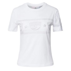 Chiara Ferragni T-shirt bianca in jersey di cotone a manica corta con maxi LOGOMANIA in strass 
