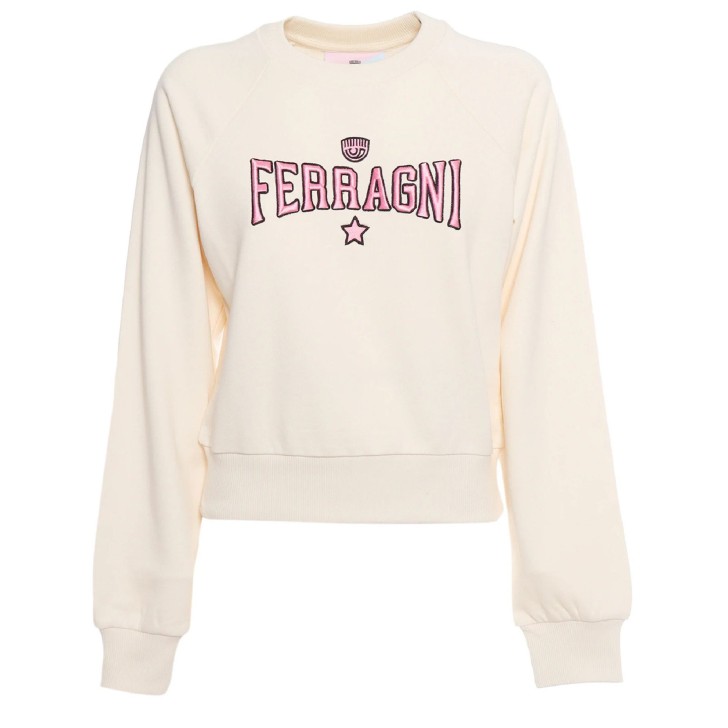 Chiara Ferragni Felpa in cotone panna con logo FERRAGNI rosa ricamato