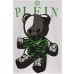 Philipp Plein T-shirt a manica corta bianca in cotone con logo PLEIN verde stampato con Teddy in strass