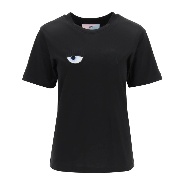 Chiara Ferragni T-shirt nera in jersey di cotone a manica corta con logo Eyestar